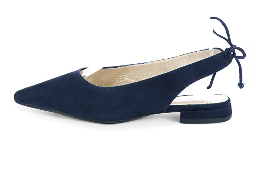 Navy blue women's slingback shoes. Pointed toe. Flat flare heels. Profile view - Florence KOOIJMAN